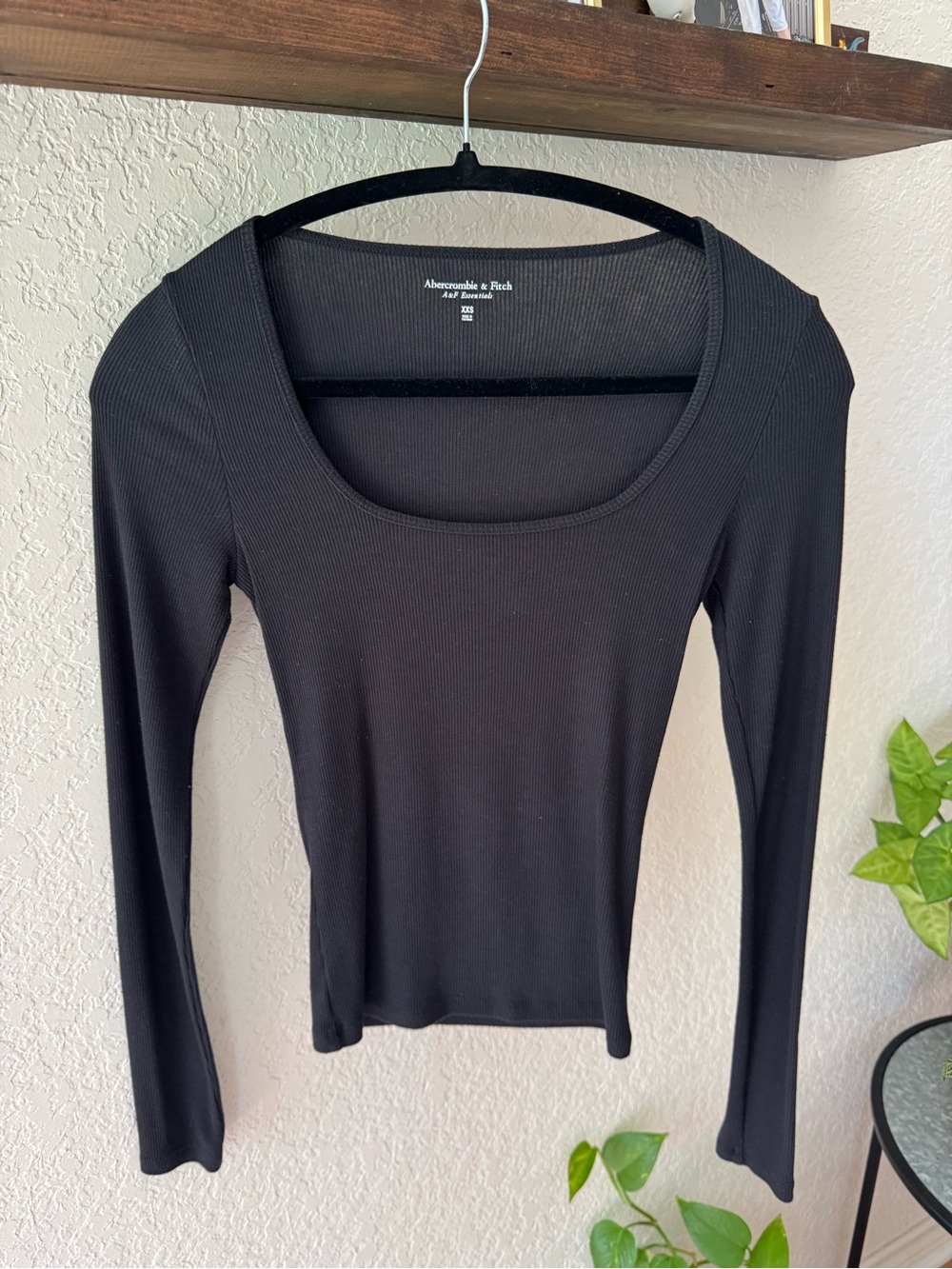Abercrombie & Fitch Black Ribbed Long-Sleeve Square Neck Top